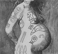 a black and white photo of a woman with tattoos on her body, standing in front of a wall