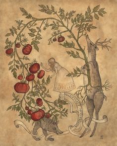 an illustration of a cat reaching up to a tree with apples growing on it and a woman standing in the middle