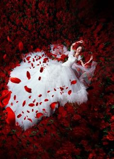 a woman in a white dress laying on the ground surrounded by red flowers and petals
