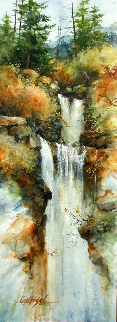 a painting of a waterfall with trees in the background