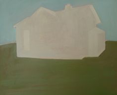 an abstract painting of a white house on a green field with blue sky in the background