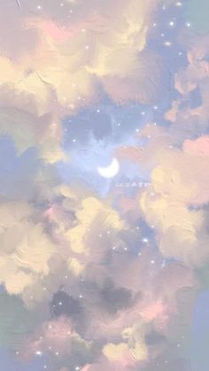an abstract painting of clouds and stars in the sky with chinese characters on it's left side
