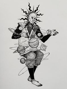 a drawing of a person surrounded by planets and sun in their hands, on a white background