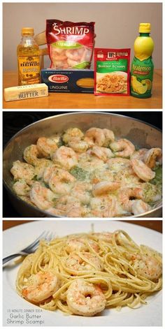 the ingredients to make shrimp pasta are shown in three different pictures, including one being cooked and