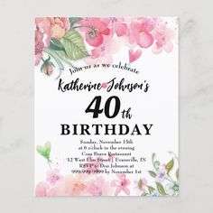 a birthday party card with pink flowers on it