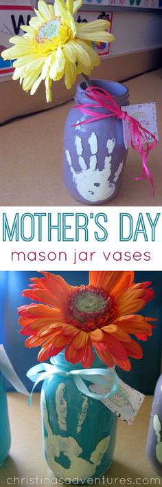 mother's day mason jar vases made with handprinted images and flowers