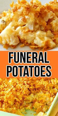 two different types of funeral potatoes on a plate and in a casserole dish