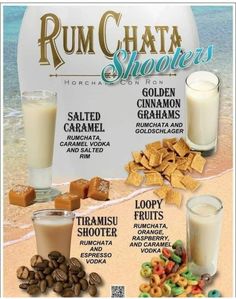an advertisement for rumchata shorties with different types of food and drinks on the beach