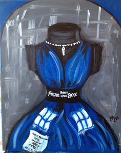 a painting of a blue dress with black and white accents