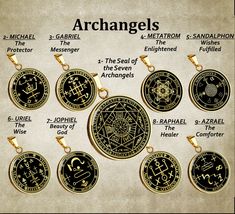 an image of the seven archangels on a gold plated necklace with names and symbols