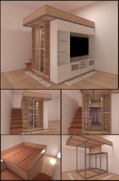 there are pictures of the inside of a house with stairs and furniture in it, including a tv