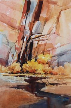 watercolor painting of trees and rocks in the desert with oranges, yellows and browns