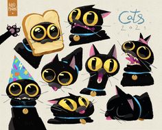 a bunch of black cats with yellow eyes and hats, some wearing party hats while one has a toaster in his hand