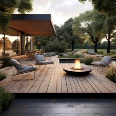 a fire pit sitting on top of a wooden deck