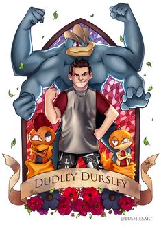 a man standing in front of a cartoon character with an elephant on his head and the words dudley dursley above him