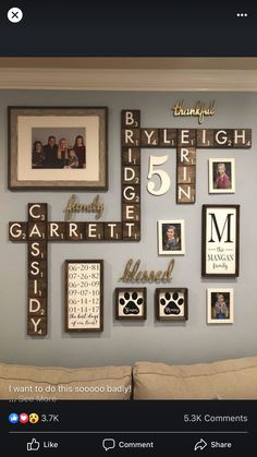 a wall with many different frames and pictures on it's side, including the number five