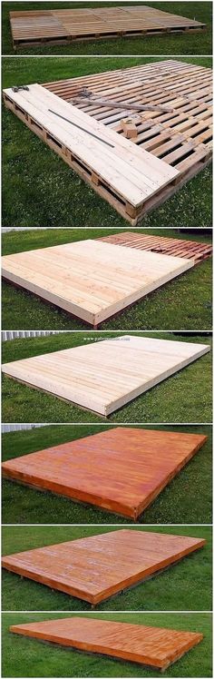 the steps are made from wood and have been laid out on the grass to be used for