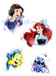 four disney princesses with different expressions on their face and body, all in watercolor