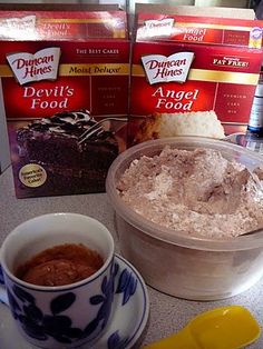 three tablespoons of the dry mixture in a big coffee mug and stir in two tablespoons of water. Microwave it for one minute and you will have a single serving of cake! Patisserie, Muffin, Foodies, Angel Food Cake Mix Recipes