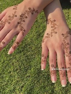 two hands with henna tattoos on them sitting in the grass, one is holding onto another