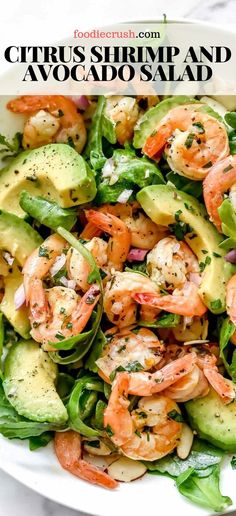 shrimp and avocado salad in a white bowl with the title text above it
