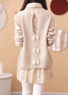 Turndown Collar Lace Blouse and Bowknot Beige Sweater Leggings, Sweaters, Trendy Tops, Pullover