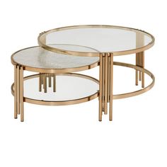 two tables with glass tops and gold metal bases, one on each side is round