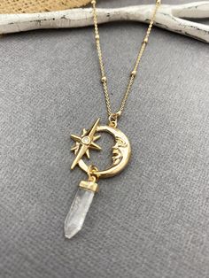 Bijoux, Moon Pendant Necklace, Crescent Moon Necklace, Moon Earrings, Crystal Necklace, Crystal Necklace Healing, Crystal Earrings