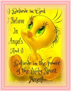 a yellow bird with green eyes and the words believe in god, an angel's hand