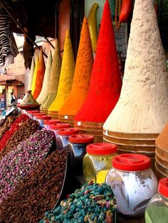 Spices, Medina, Marrakech, Morocco. Wanderlust, Tours, Morocco Food, Moroccan Food, Moroccan Cuisine, Food Market, Traditional Market, Condiments