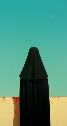 a woman wearing a black veil standing in front of a blue sky