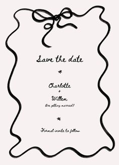 save the date card with a black ribbon and bow on it, in white background