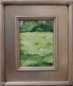 an oil painting of a green field with trees in the background