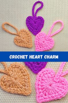 crochet heart charms with the words crochet heart charm on top and bottom