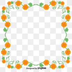 an orange flower frame with green leaves and flowers on it, transparent background png