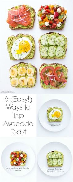Easy and quick ways to top an avocado toast all with fresh ingredients for breakfast, lunch, or dinner! | littlebroken.com @littlebroken Foodies, Avocado, Healthy Eating, Nutrition, Snacks, Healthy Recipes, Toast, Avocado Recipes, Avocado Toast
