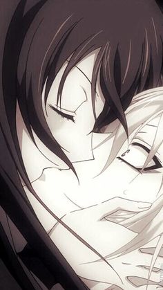 an anime character with long black hair hugging another person's head in front of him