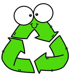 a green recycle with two eyes and an arrow pointing to the left side