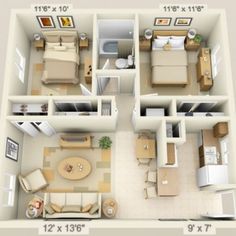 the floor plan for a two bedroom apartment with an attached kitchen and living room area