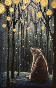a drawing of a brown bear sitting in the woods looking up at falling gold leaves