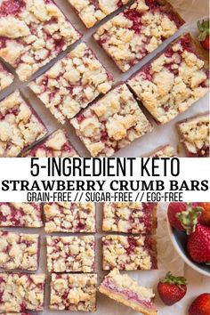 strawberry crumb bars cut into squares and placed on top of each other with strawberries