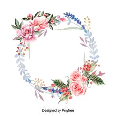watercolor flowers and leaves arranged in a circle