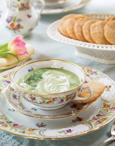 Throw the doors open wide and celebrate this season of rebirth with an intimate gathering that brims with the bright, refreshing flavors of early spring. Find garden-inspired recipes, including our chilled Buttermilk-Zucchini Soup, at https://bit.ly/spring-return. China, Courgettes, Brunch, Foods, Primavera, Food, Zucchini