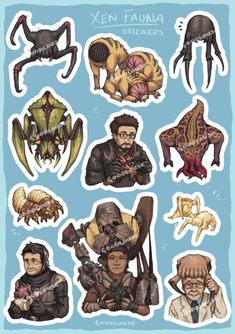 some stickers with different types of animals and people