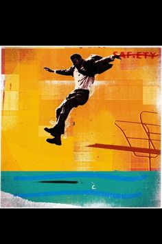 a man is jumping in the air with his skateboard on an orange and yellow background