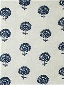 a blue and white fabric with trees on the front, in an allover pattern