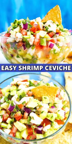 two pictures with different types of food in them and the words easy shrimp ceviche
