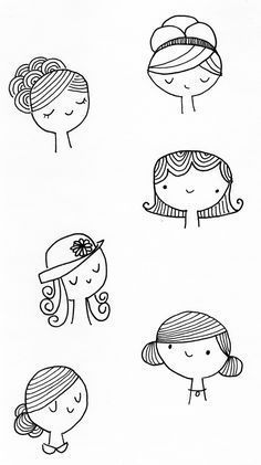 four girls with different hair styles are drawn in black and white