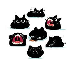 six black cats with their mouths open