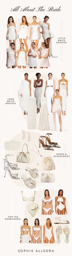 From the rehearsal dinner to the bridal shower, honeymoon and more, there seems to be a never ending amount of events and activities where white is the required dress code for the bride. From little white dresses to longer gowns that can even be worn during the reception, here’s everything the bride could possibly need. Whether you’re a bride yourself or are just looking for some bridal inspiration, I hope you love these gorgeous dresses and accessories as much as I do! Wedding Inspiration, Gowns